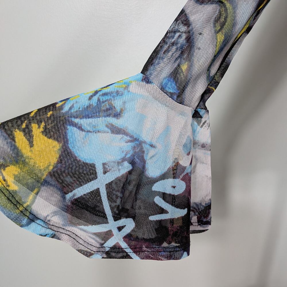 Y2K Mesh Shrug Top S Blue Back Crop Fairy Whimsigoth Tie Cardigan Floral Euro - Picture 4 of 11